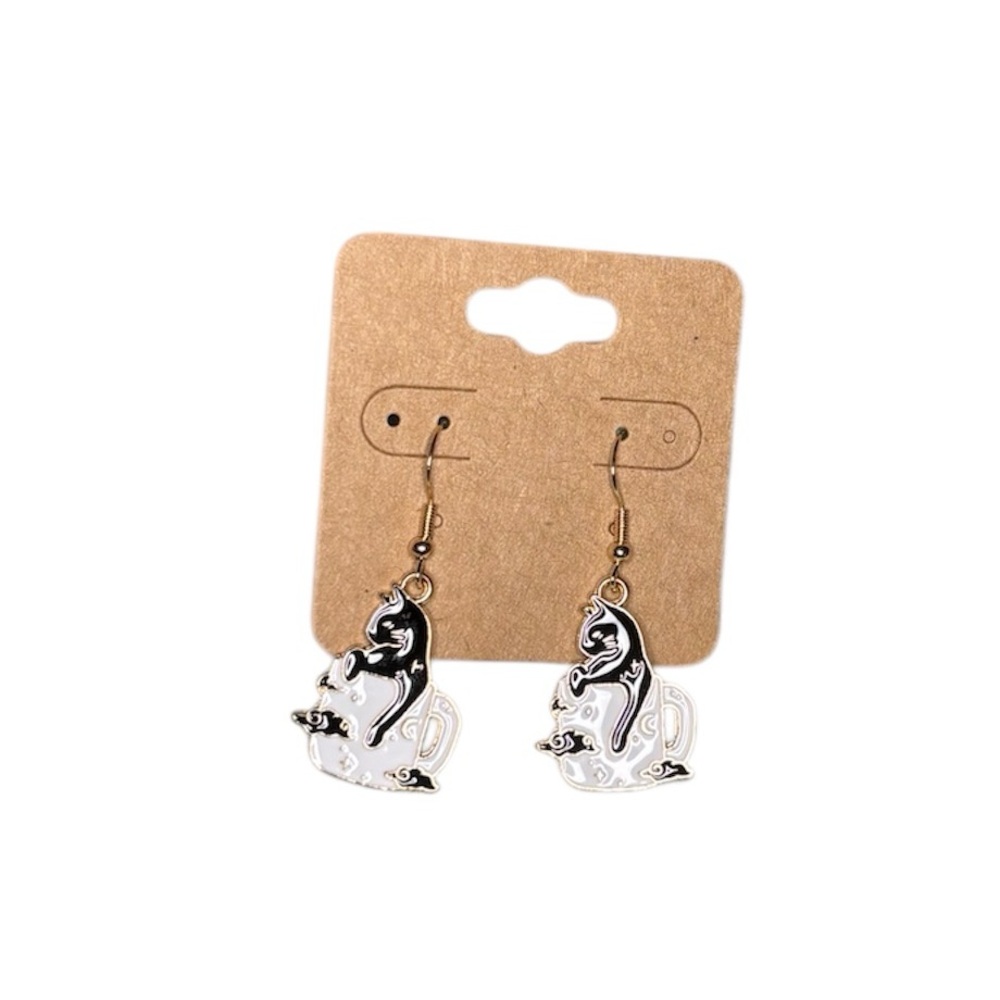 Enamel Coffee Cup Black Cat Dangle Earrings NWOT
